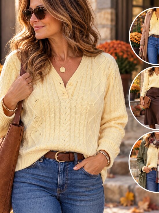Karen Scott Sweaters - Karen Scott Cable Knit Preppy V Neck Sweater L Cream Yellow Cotton Button Detail
